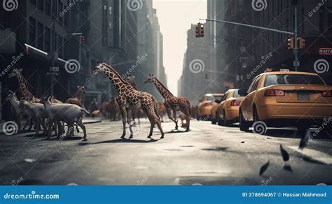 Retro Minimalism: Dramatic NYC Street Scene with Animals and Birds in