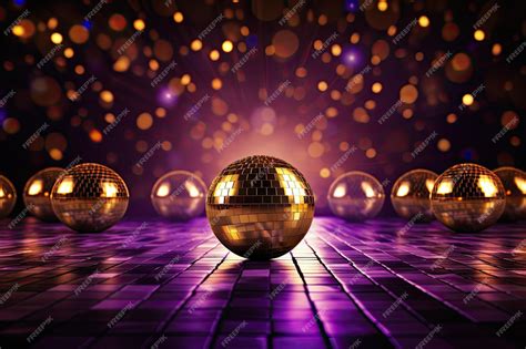 Premium Ai Image Purple And Gold Lighting Illuminating Disco Balls On