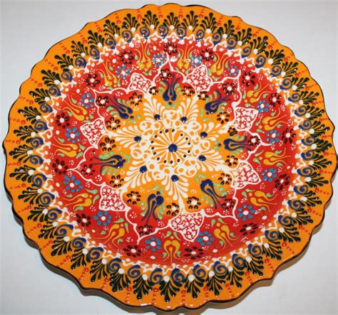 Orange Red Turkish Iznik Raised Floral Pattern Hand Made Ceramic