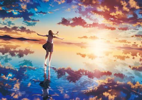 Sea Sunset Sun Clouds Original Characters Anime Girls Reflection