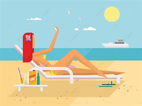 فتاة تشمس على الشاطئ تفعل selfie الترفيهية مفهوم السفر المتجه راحة مفهوم يسافر png والمتجهات