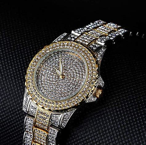 Gold Silver Two Tone Watch Simulated Diamond Watch Hip Hop Jewelry Bus