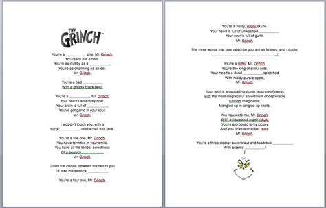 Grinch Christmas Song Fill In The Blanks Christmas Songs Lyrics