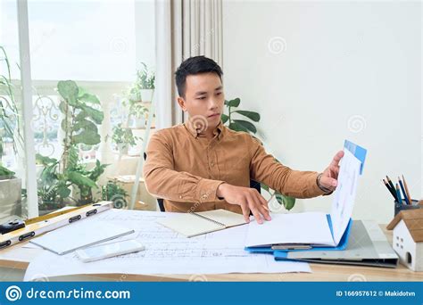 Asian Handsome Male Architect Working In Office Stock Photo Image Of