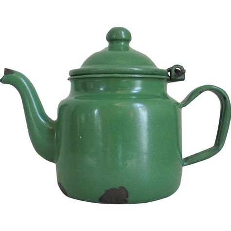 vintage 1930s small green small enamel hinged teapot tea pot tea pots vintage enamelware