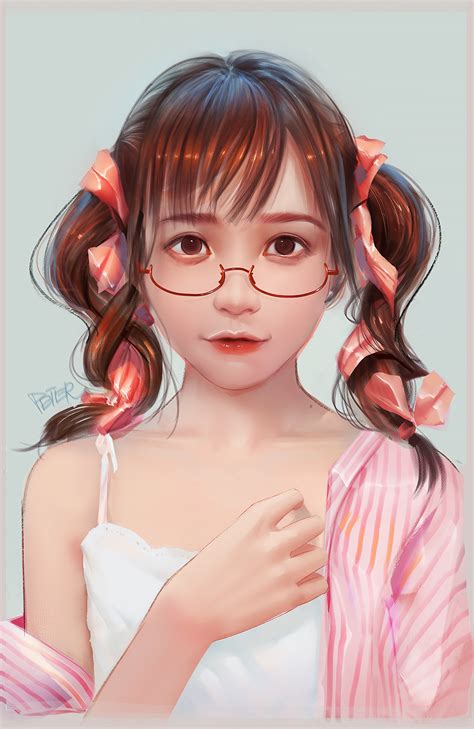 safebooru 1girl artist name bangs bespectacled breasts brown eyes collarbone copyright request