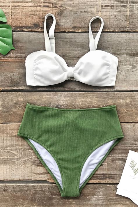 Textured White And Green Colorblock High Waist Bikini Bikinis White