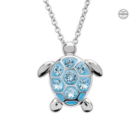 Medium Sea Turtle Necklace With Aqua Crystals Ocean Jewelry Turtle