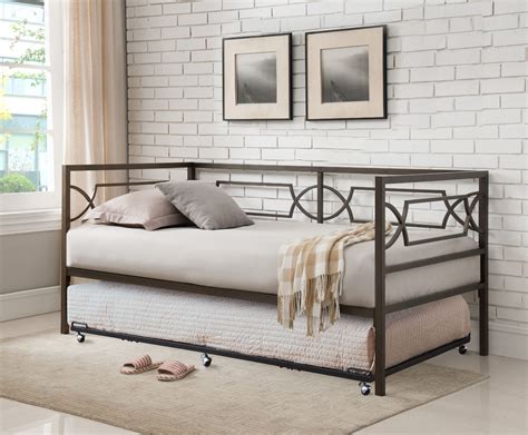 Vegas Pewter Twin Size Metal Day Bed Frame With Black Pop Up High Riser Trundle Headboard