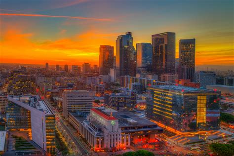 Downtown Los Angeles Skyline At Sunset As Seen From The Ci