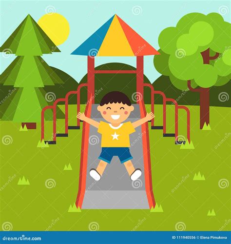 Boy Playing On A Town Public Park Playground Slides Children`s