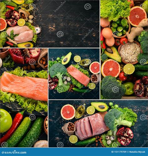 Photo Collage Healthy Food Fruits And Vegetables Stock Image Image
