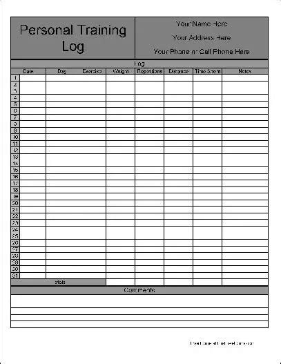Free Personalized Numbered Row Personal Training Log