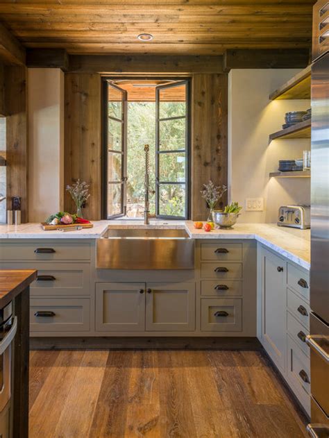 The addition of small open shelves beside the sink is both stylistic and a great choice for providing extra storage space in a small kitchen. Rustic Kitchen Design Ideas & Remodel Pictures | Houzz