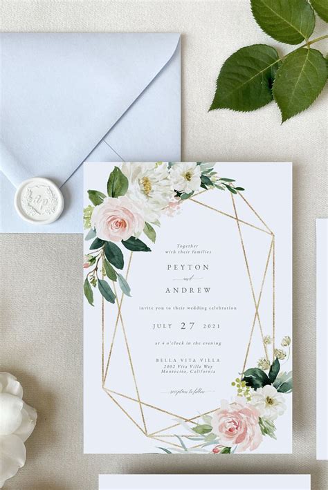 Bohemian Wedding Invitation Template Blush Floral And Greenery Etsy