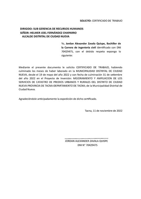 Solicitud Para Constancia De Trabajo Solicito Certificado De Trabajo