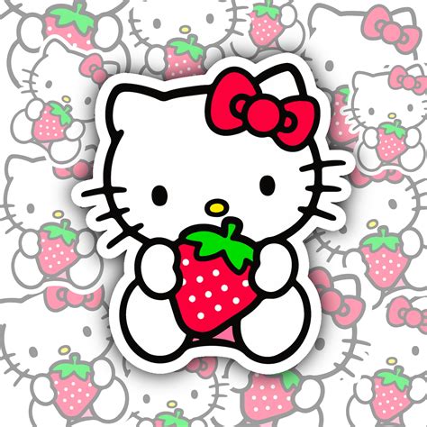 Hello Kitty Sticker Cute Hello Kitty Sticker With Strawberry Etsy