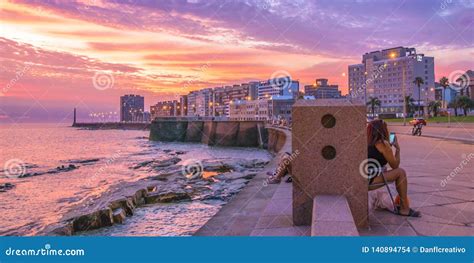 Rambla Sur Montevideo Sunset Scene Editorial Stock Image Image Of