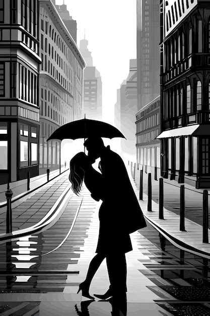 Premium Vector Silhouette Of Couple Kissing Under Umbrella In The