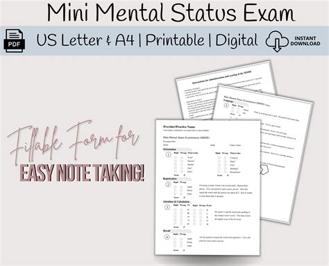 Mini Mental Status Exam Mmse For Providers Fillable Mental Etsy Canada