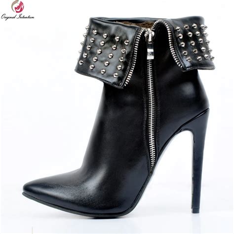 original intention women ankle boots sexy rivets pointed toe thin heel boots high quality black