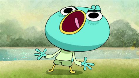A Cartoon Character With An Open Mouth And Big Eyes Standing In Front