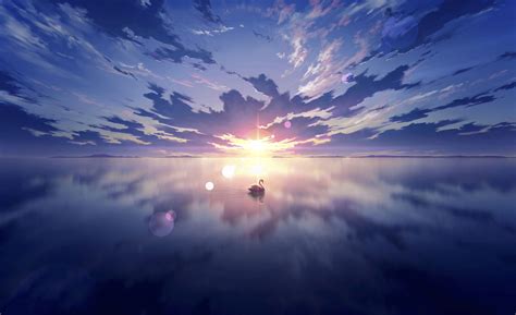 Wallpaper Anime Sky Skyscape Lake Swan Reflection