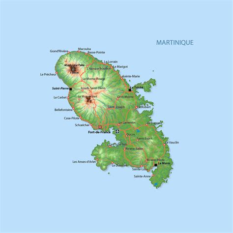 Large Detailed Road And Physical Map Of Martinique Martinique Large