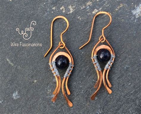 Handmade Copper Earrings With Blue Goldstone And Stainless Steel Weave