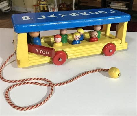 Vintage Playskool Yellow Wooden Bus With 7 Wooden Passengers Playskool