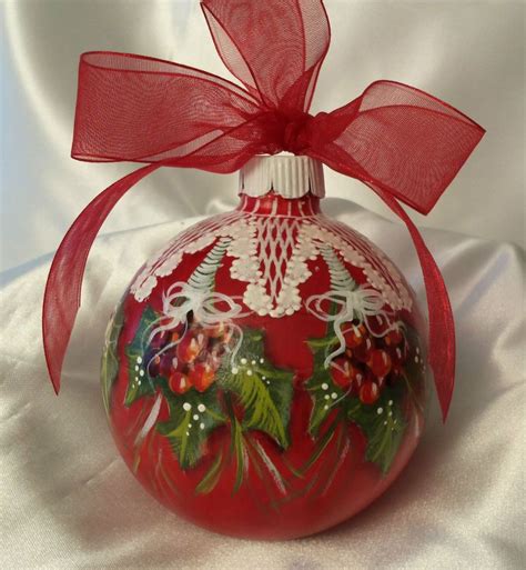 Hand Painted Christmas Ornament Cottage Chic Holly And Berries And Lace Hp