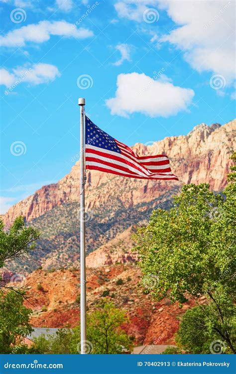 American Flag In Zion National Park Usa Stock Image Image Of America