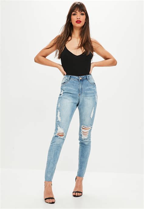 Lyst Missguided Sinner High Waisted Marbled Skinny Jeans Light Blue In Blue