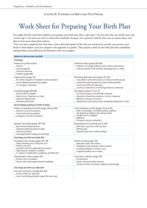 worksheet template  preparing  birth plan