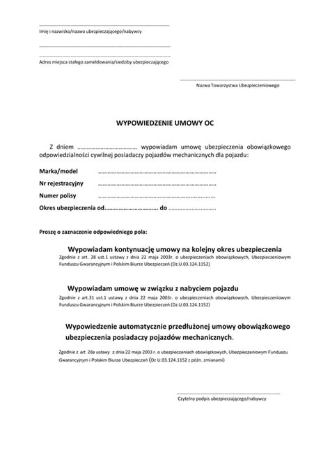 Druk WUoC Wypowiedzenie Umowy OC Druk Formularz Online