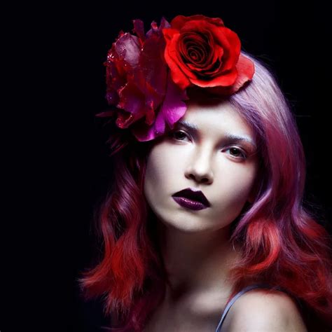 Beautiful Girl With Pink Hair Large Rose Flower In Her Hair Stock