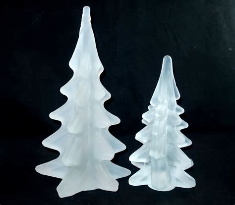 2 Frosted Christmas Trees Solid Satin Clear Glass Crystal 3d Figurine Paperweight Vintage