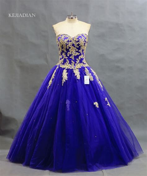 New Arrival Dark Royal Blue Ball Gown Gold Lace Applique Quinceanera