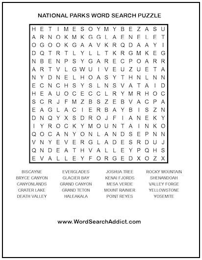 National Parks Printable Word Search Puzzle Word Search Addict