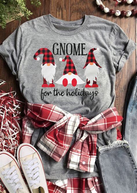 Christmas Gnome For The Holidays Plaid Printed T Shirt Tee Light Grey