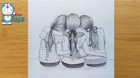 Best Friends Pencil Sketch Tutorial How To Draw Three Friends Huggi