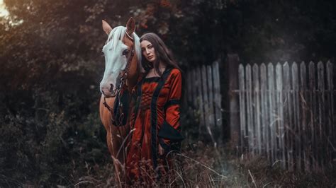 Women Model Women With Horse Women Outdoors Standing Looking At