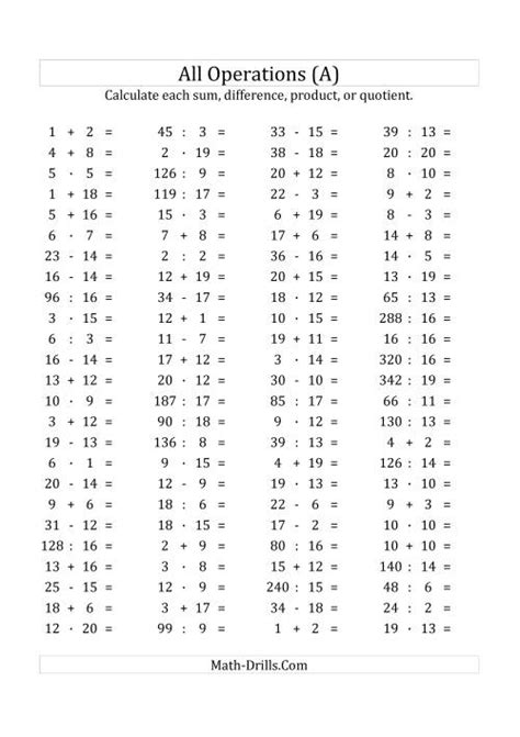 100 Horizontal Mixed Operations Questions (Facts 1 to 20) Euro Format (A)
