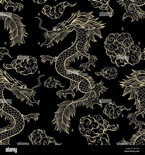 Oriental Dragon Flying In Clouds Seamless Pattern Traditional Chinese