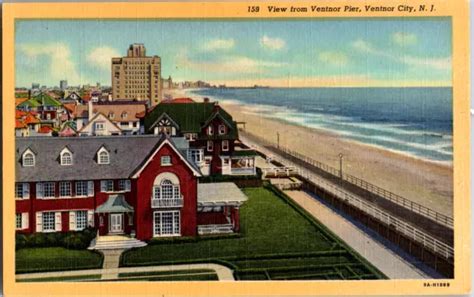 Vintage C 1940s View From Ventnor City Pier Ocean Beach New Jersey Nj