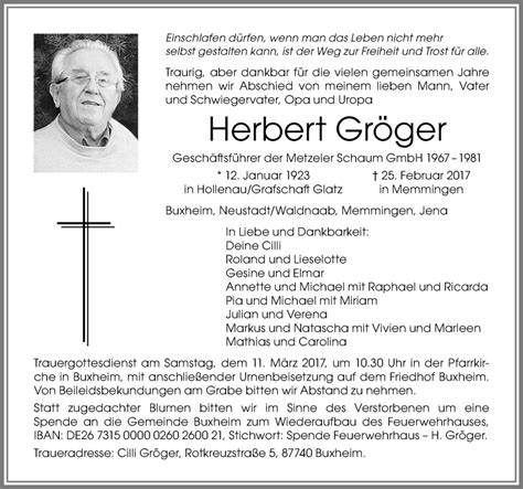 Traueranzeigen Von Herbert Gr Ger Augsburger Allgemeine Zeitung