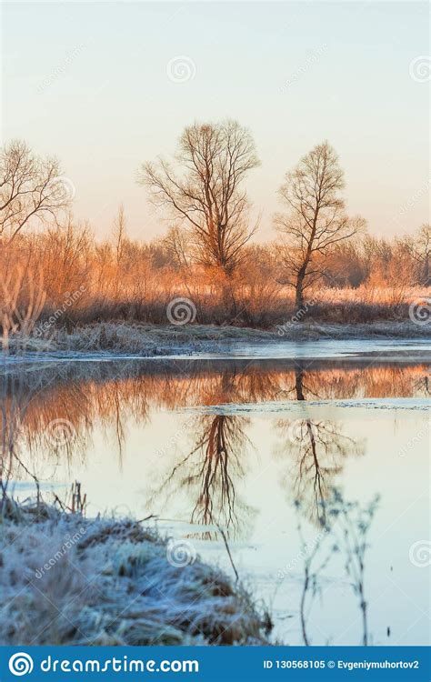 Autumn Landscape Frosty Morning By The River Western Siberia Stock