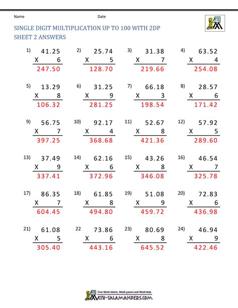Multiplying decimals by single digit numbers worksheet