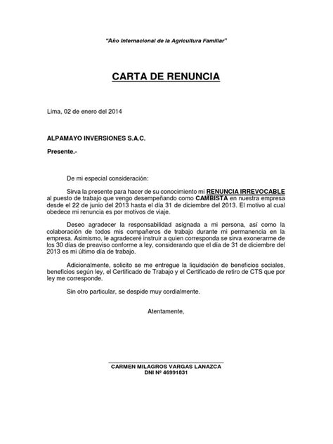 18 Carta De Renuncia Laboral Peru Exonerando Los 30 Dias Cintlarax