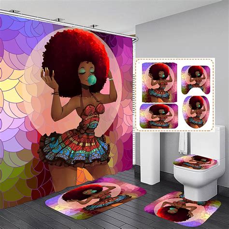 Classic African American Woman Shower Curtains For Bathroom 4pcs Set For Bathroom